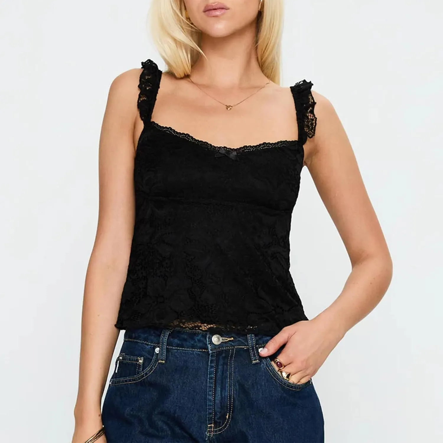 Women Y2k Lace Trim Tank Tops Camisole Spaghetti Strap Square Neck Sleeveless Vintage Going Out Shirts Streetwear