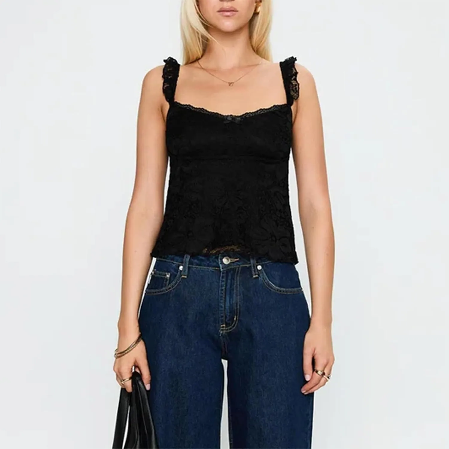 Women Y2k Lace Trim Tank Tops Camisole Spaghetti Strap Square Neck Sleeveless Vintage Going Out Shirts Streetwear