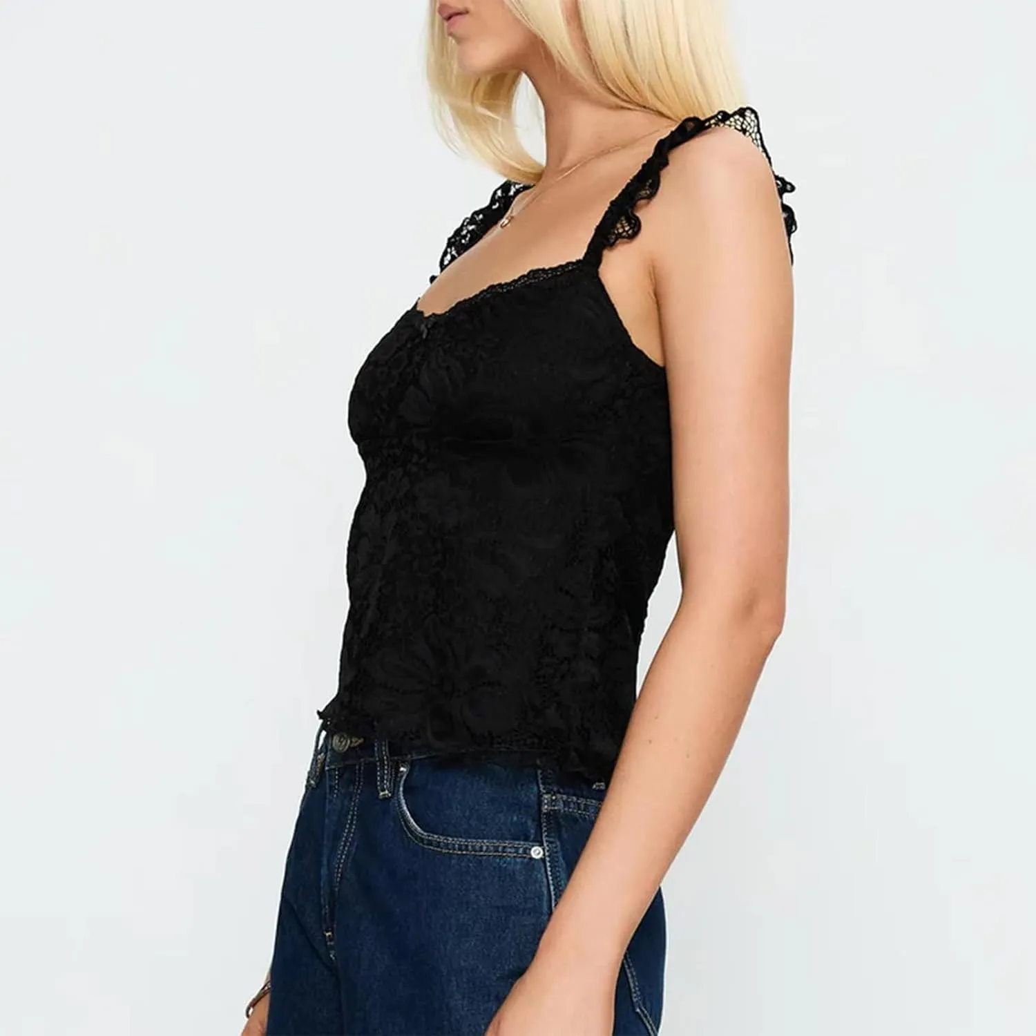 Women Y2k Lace Trim Tank Tops Camisole Spaghetti Strap Square Neck Sleeveless Vintage Going Out Shirts Streetwear