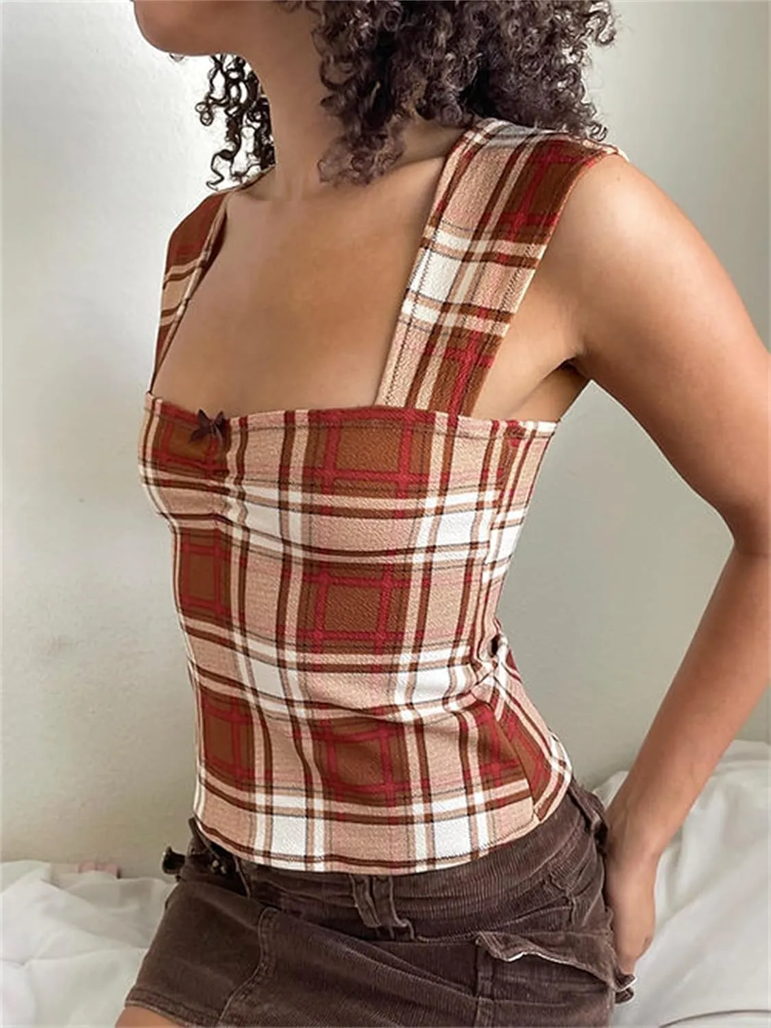 Women Y2k Plaid Wide Strap Tank Top Cute Lace Trim Square Neck Crop Vest Tops Vintage Summer Going Out Streetwear
