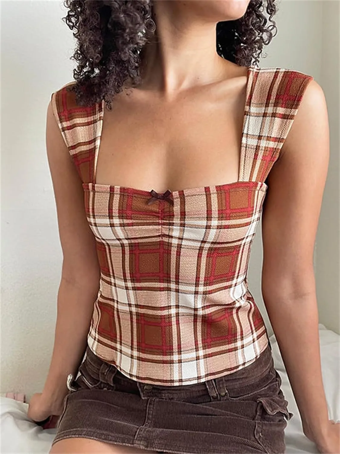 Women Y2k Plaid Wide Strap Tank Top Cute Lace Trim Square Neck Crop Vest Tops Vintage Summer Going Out Streetwear