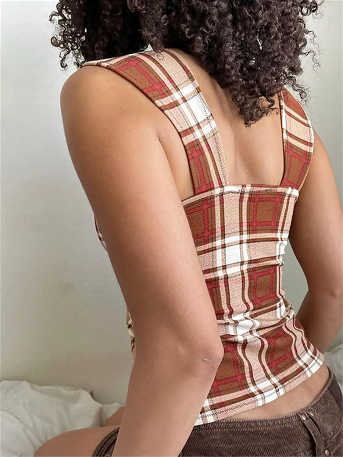 Women Y2k Plaid Wide Strap Tank Top Cute Lace Trim Square Neck Crop Vest Tops Vintage Summer Going Out Streetwear