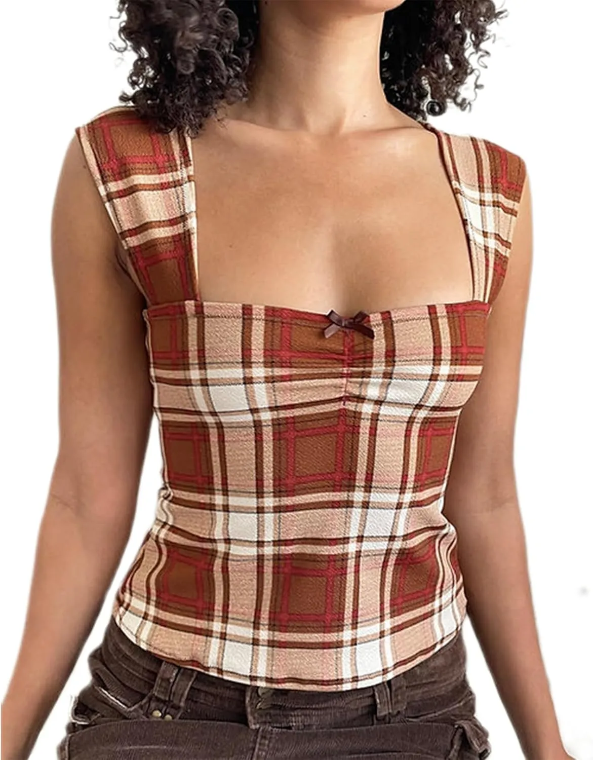 Women Y2k Plaid Wide Strap Tank Top Cute Lace Trim Square Neck Crop Vest Tops Vintage Summer Going Out Streetwear