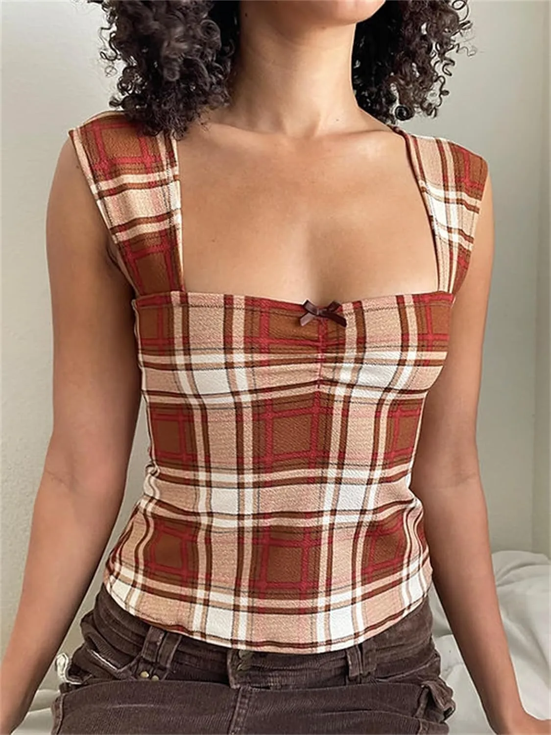 Women Y2k Plaid Wide Strap Tank Top Cute Lace Trim Square Neck Crop Vest Tops Vintage Summer Going Out Streetwear