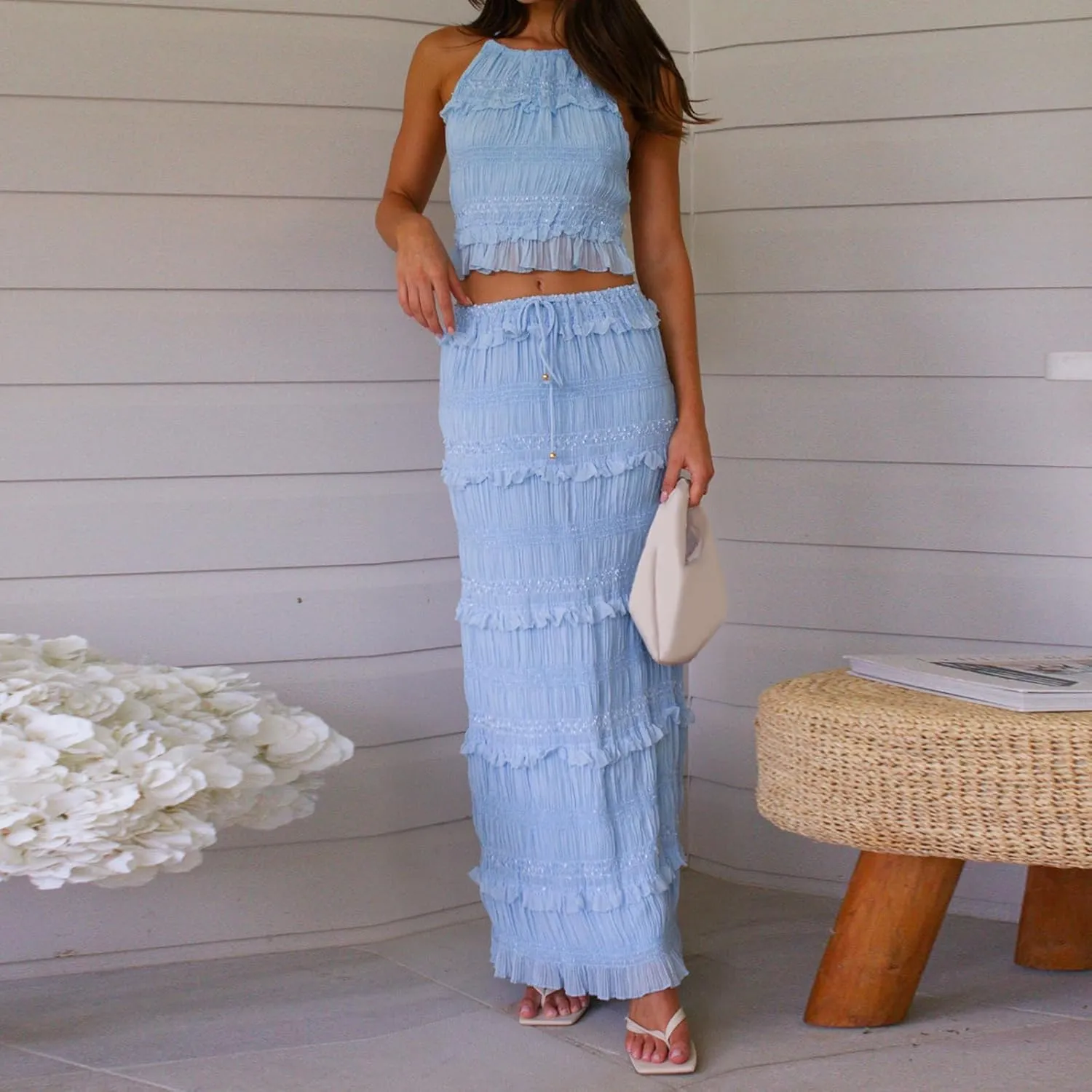 Womens 2 Piece Maxi Skirt Set Lace Halter Crop Top and Flowy Drawstring Long Skirt Summer Beach Outfits