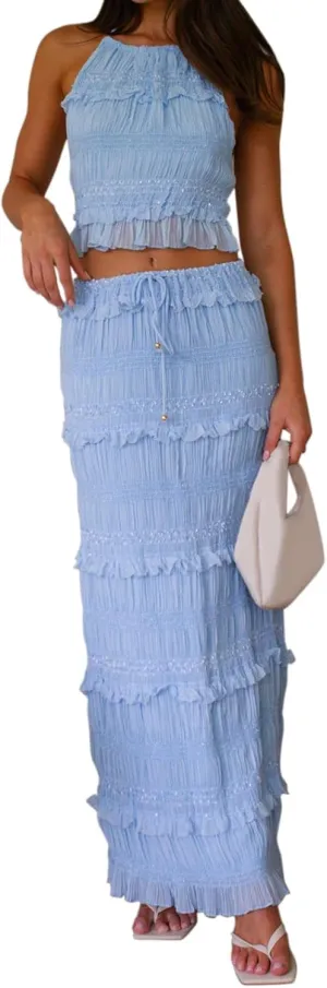 Womens 2 Piece Maxi Skirt Set Lace Halter Crop Top and Flowy Drawstring Long Skirt Summer Beach Outfits