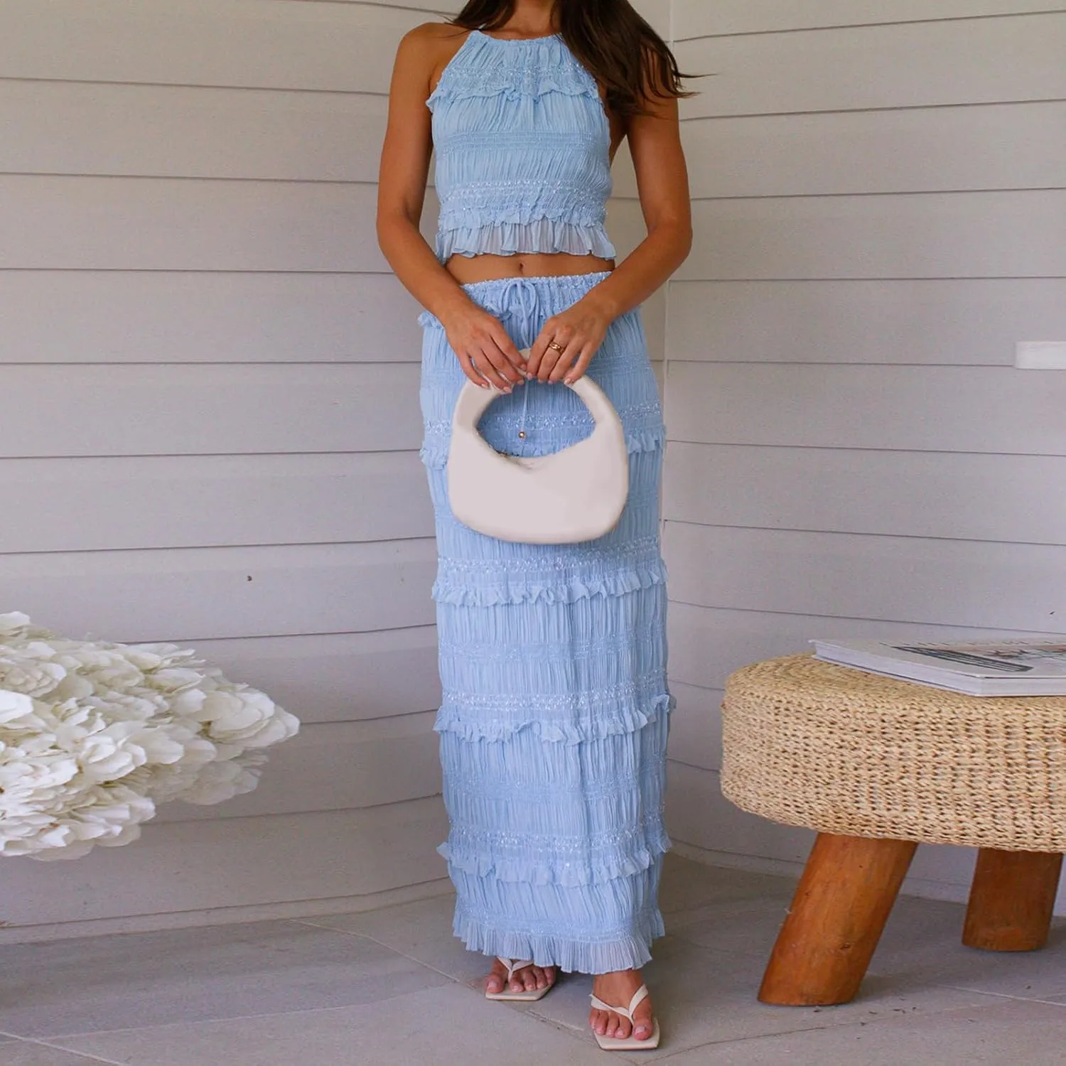 Womens 2 Piece Maxi Skirt Set Lace Halter Crop Top and Flowy Drawstring Long Skirt Summer Beach Outfits