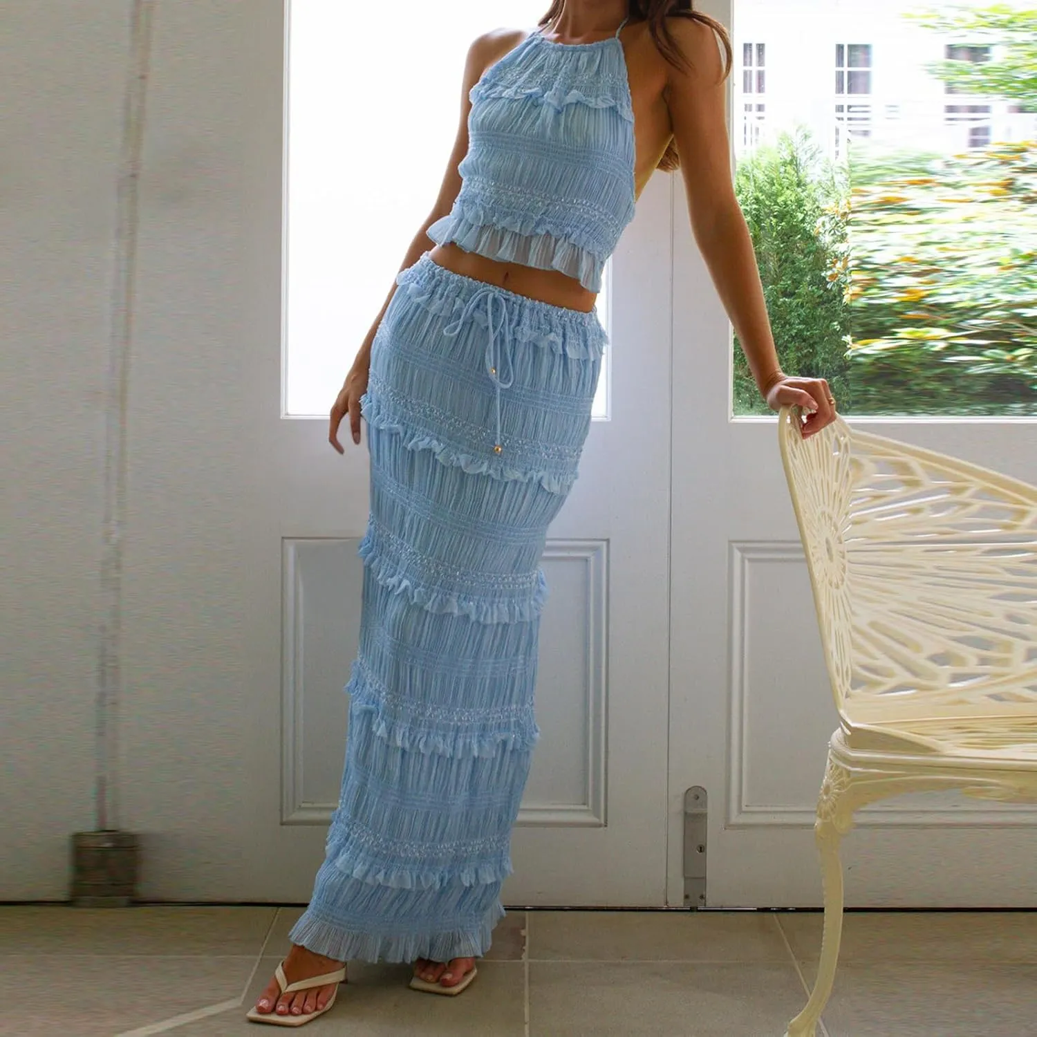 Womens 2 Piece Maxi Skirt Set Lace Halter Crop Top and Flowy Drawstring Long Skirt Summer Beach Outfits