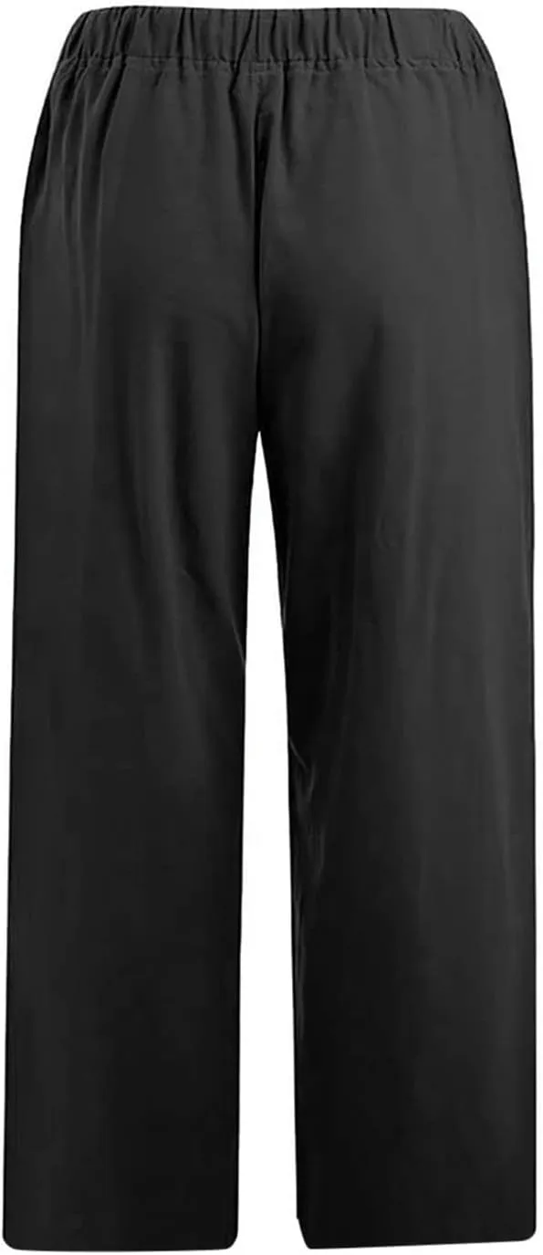Womens Cotton Linen Capri Pants 2025 Summer Drawstring Elastic High Waist Pant Wide Leg Trouser Beach Cropped Pants
