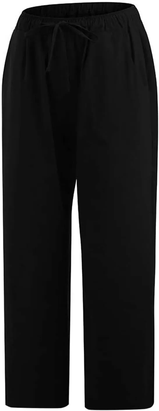 Womens Cotton Linen Capri Pants 2025 Summer Drawstring Elastic High Waist Pant Wide Leg Trouser Beach Cropped Pants