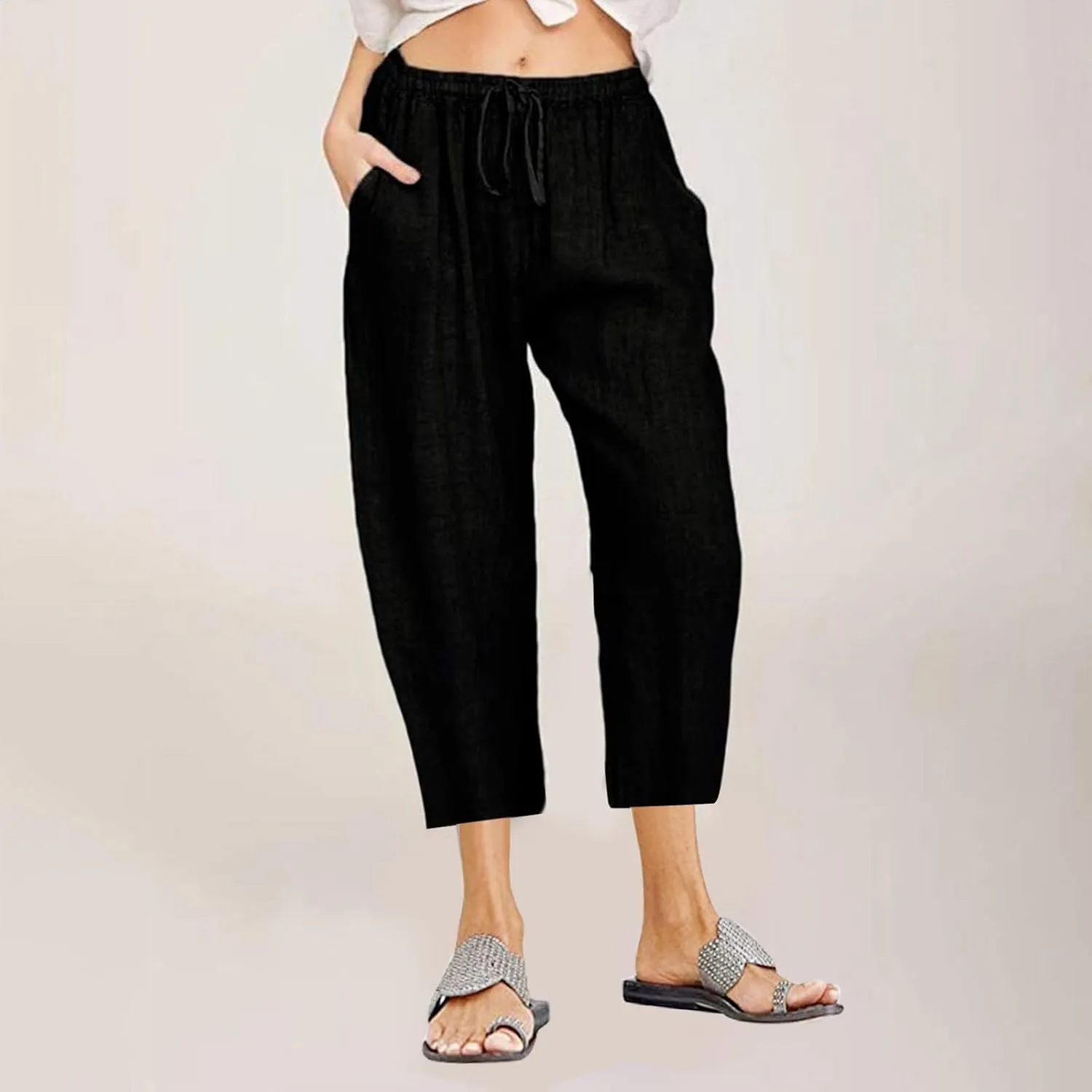 Womens Cotton Linen Capri Pants 2025 Summer Drawstring Elastic High Waist Pant Wide Leg Trouser Beach Cropped Pants