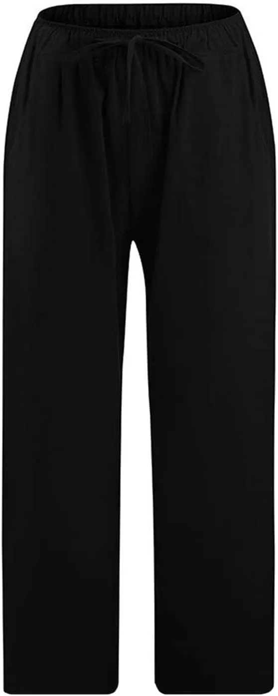 Womens Cotton Linen Capri Pants 2025 Summer Drawstring Elastic High Waist Pant Wide Leg Trouser Beach Cropped Pants