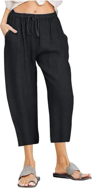 Womens Cotton Linen Capri Pants 2025 Summer Drawstring Elastic High Waist Pant Wide Leg Trouser Beach Cropped Pants