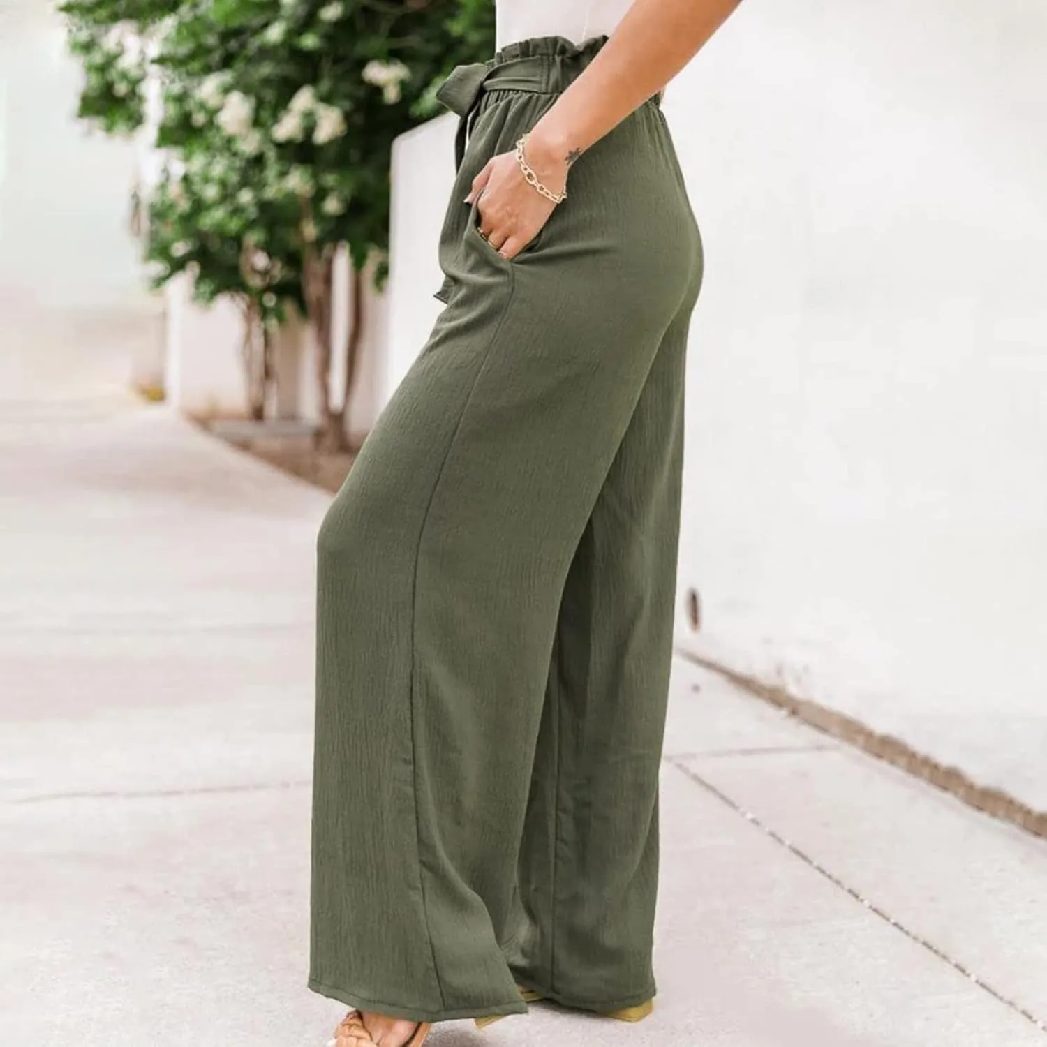 Women's Cotton Linen Pants Casual Wide Leg Beach Pants Summer Vacation High Waisted Palazzo Trousers Lightweight Lounge Pants