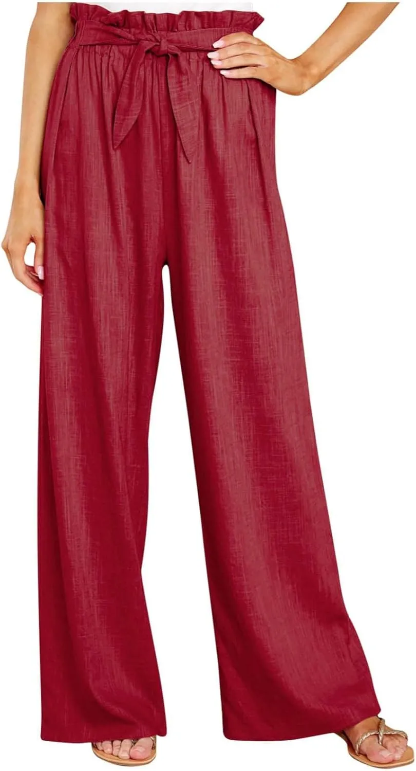 Women's Cotton Linen Pants Casual Wide Leg Beach Pants Summer Vacation High Waisted Palazzo Trousers Lightweight Lounge Pants