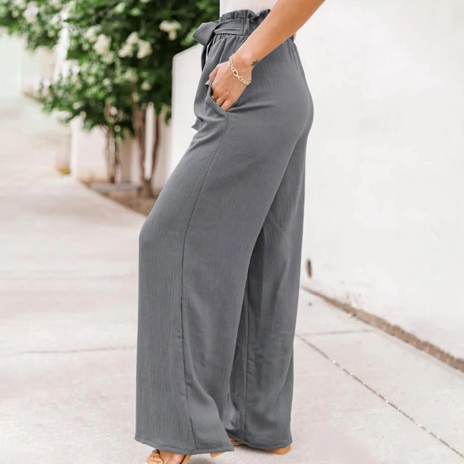 Women's Cotton Linen Pants Casual Wide Leg Beach Pants Summer Vacation High Waisted Palazzo Trousers Lightweight Lounge Pants