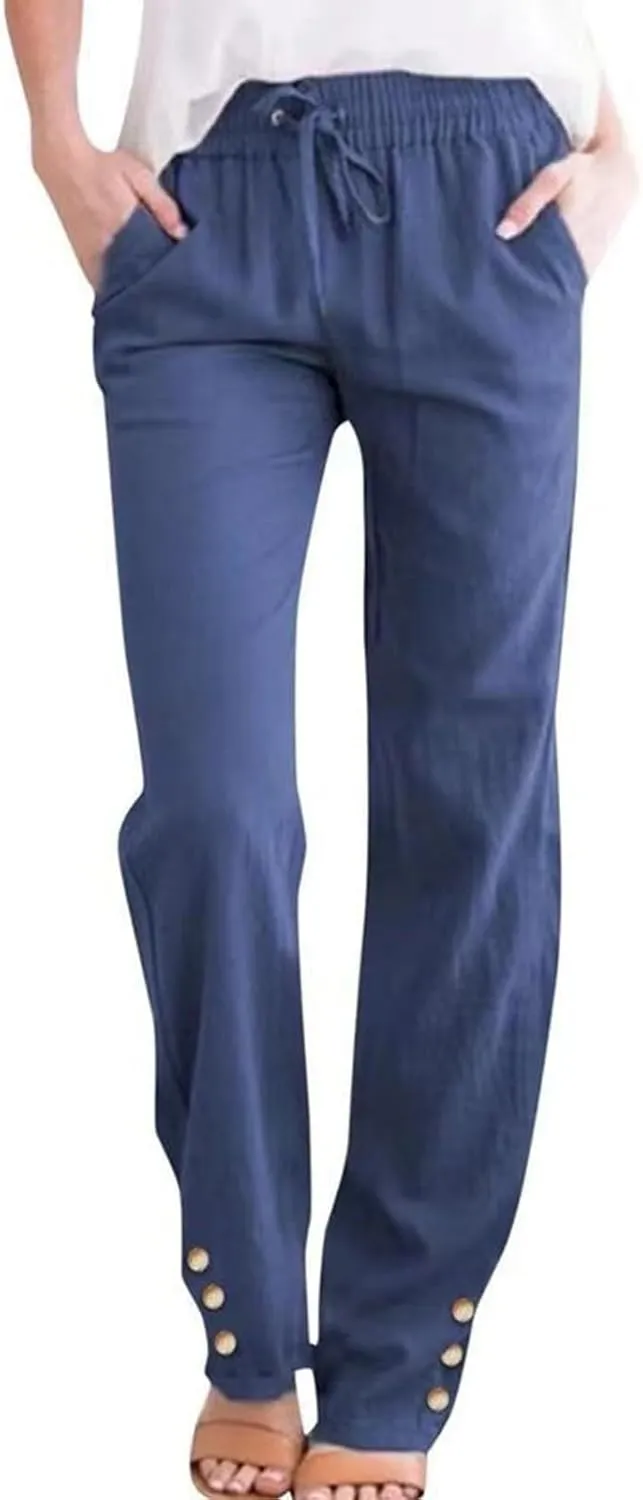 Women's Cotton Linen Pants Summer Relax Fit Straight Leg Elastic Waist Pants with Pocket Beach Fashion Trousers