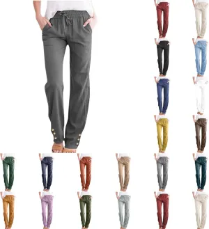 Women's Cotton Linen Pants Summer Relax Fit Straight Leg Elastic Waist Pants with Pocket Beach Fashion Trousers