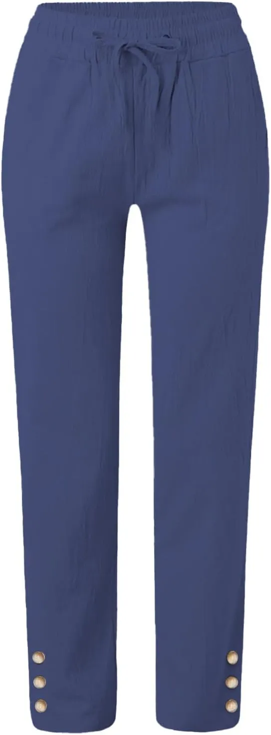Women's Cotton Linen Pants Summer Relax Fit Straight Leg Elastic Waist Pants with Pocket Beach Fashion Trousers