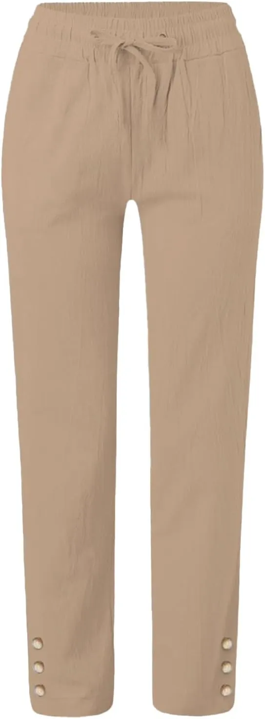 Women's Cotton Linen Pants Summer Relax Fit Straight Leg Elastic Waist Pants with Pocket Beach Fashion Trousers