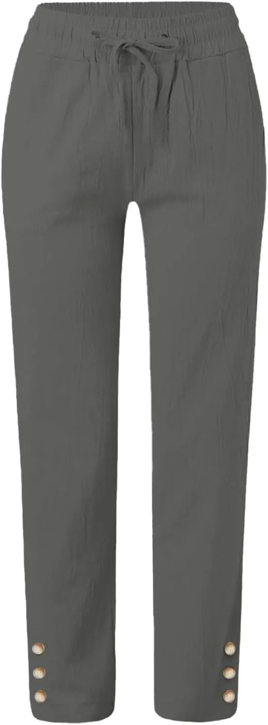 Women's Cotton Linen Pants Summer Relax Fit Straight Leg Elastic Waist Pants with Pocket Beach Fashion Trousers