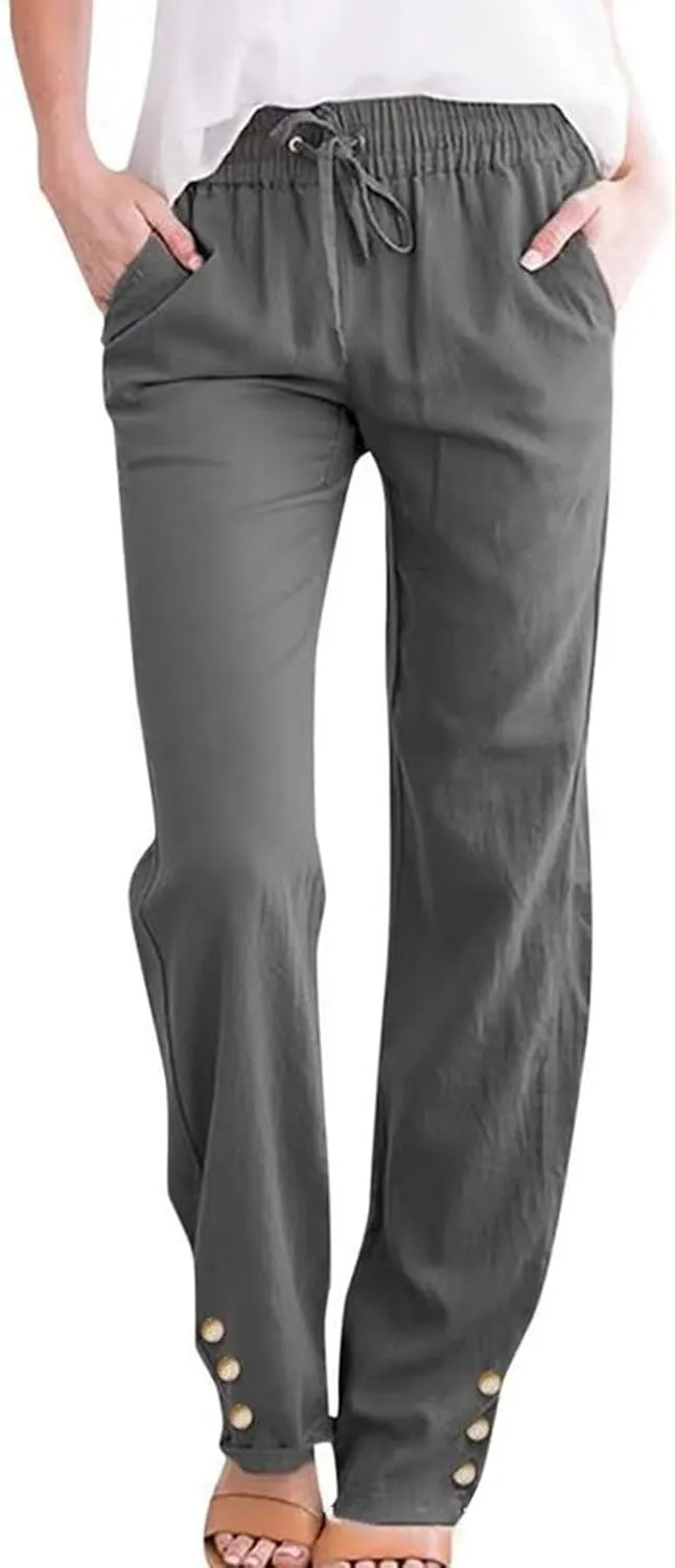 Women's Cotton Linen Pants Summer Relax Fit Straight Leg Elastic Waist Pants with Pocket Beach Fashion Trousers