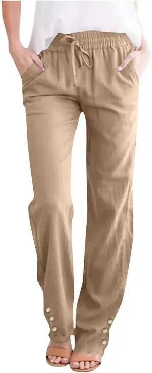 Women's Cotton Linen Pants Summer Relax Fit Straight Leg Elastic Waist Pants with Pocket Beach Fashion Trousers