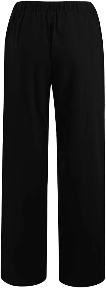 Womens Cotton Linen Pants Summer Wide Leg Pants Elastic High Waist Palazzo Pants Casual Beach Trousers with Pockets