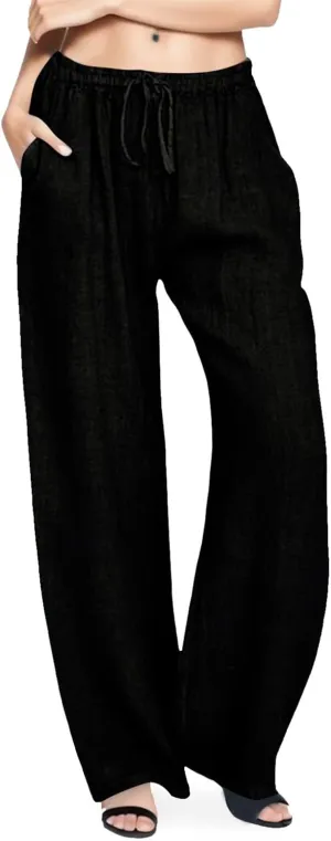 Womens Cotton Linen Pants Summer Wide Leg Pants Elastic High Waist Palazzo Pants Casual Beach Trousers with Pockets