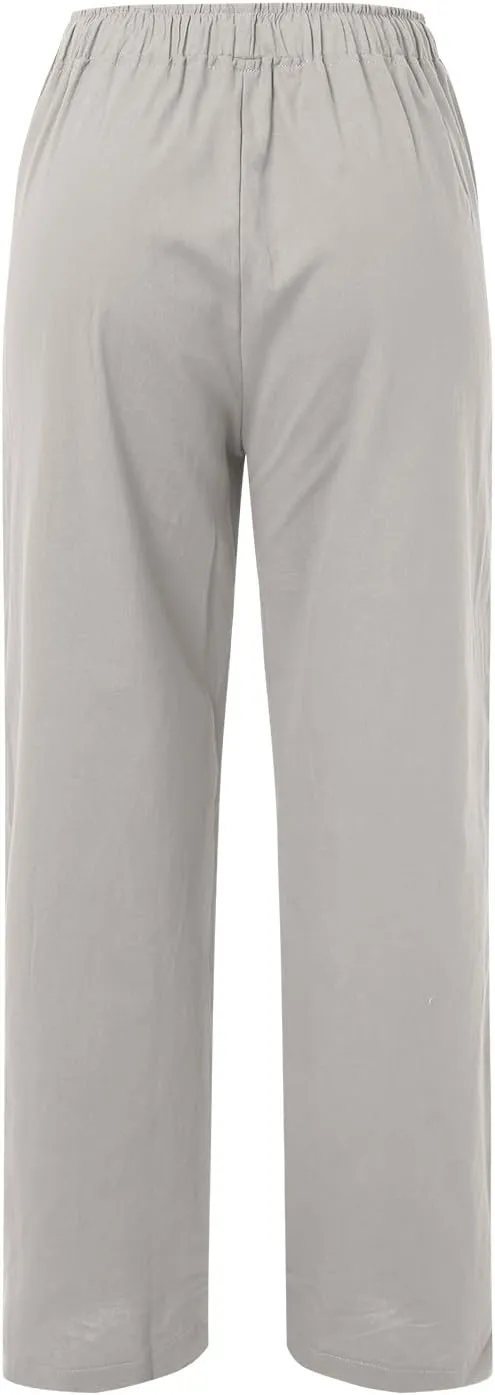 Womens Cotton Linen Pants Summer Wide Leg Pants Elastic High Waist Palazzo Pants Casual Beach Trousers with Pockets