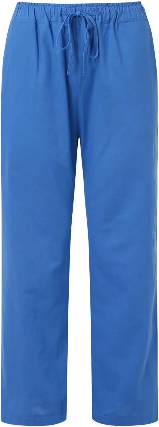 Womens Cotton Linen Pants Summer Wide Leg Pants Elastic High Waist Palazzo Pants Casual Beach Trousers with Pockets