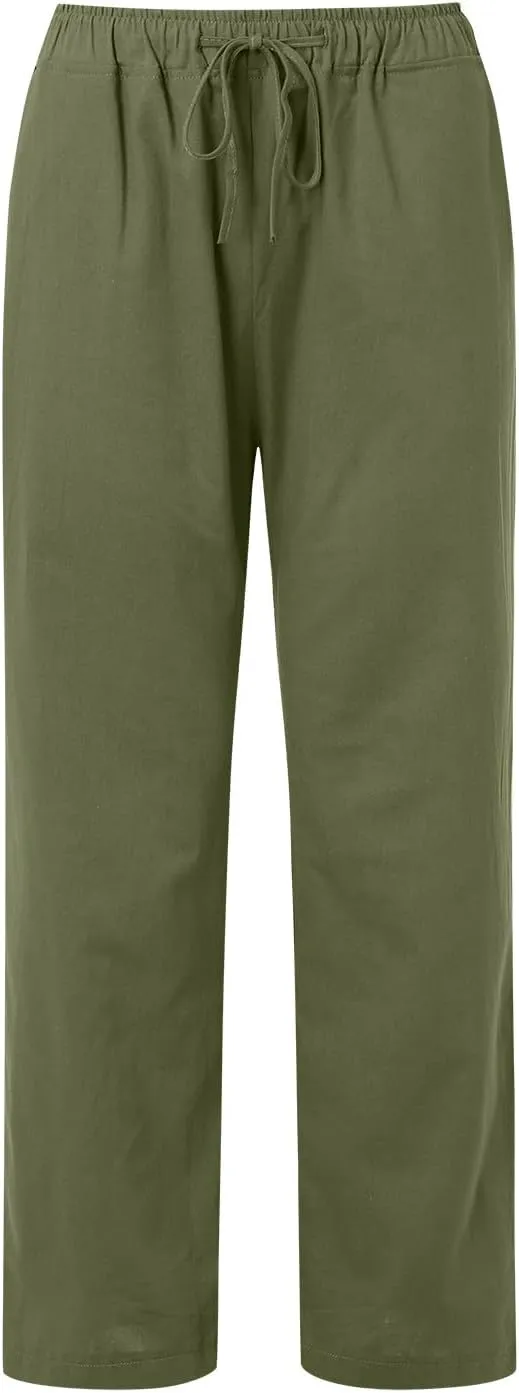 Womens Cotton Linen Pants Summer Wide Leg Pants Elastic High Waist Palazzo Pants Casual Beach Trousers with Pockets