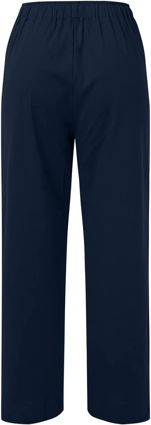 Womens Cotton Linen Pants Summer Wide Leg Pants Elastic High Waist Palazzo Pants Casual Beach Trousers with Pockets
