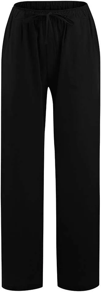 Womens Cotton Linen Pants Summer Wide Leg Pants Elastic High Waist Palazzo Pants Casual Beach Trousers with Pockets