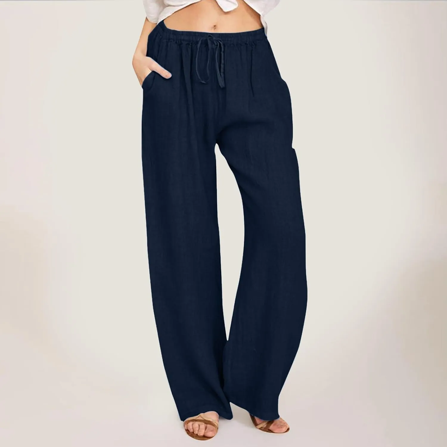Womens Cotton Linen Pants Summer Wide Leg Pants Elastic High Waist Palazzo Pants Casual Beach Trousers with Pockets