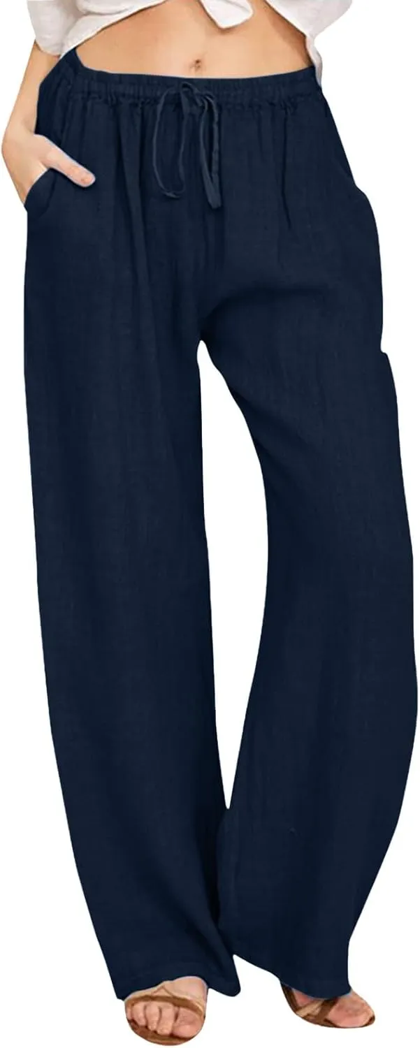 Womens Cotton Linen Pants Summer Wide Leg Pants Elastic High Waist Palazzo Pants Casual Beach Trousers with Pockets