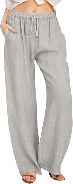 Womens Cotton Linen Pants Summer Wide Leg Pants Elastic High Waist Palazzo Pants Casual Beach Trousers with Pockets