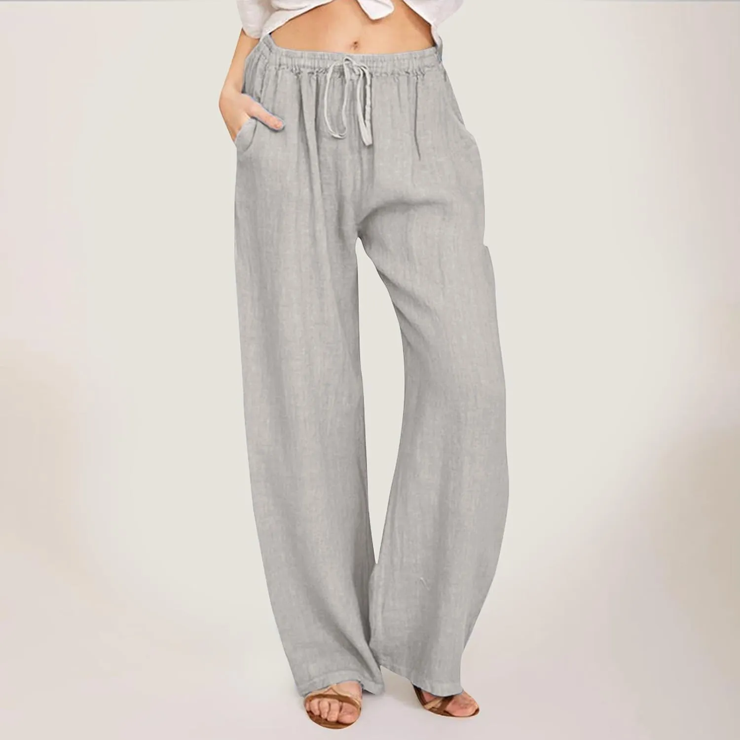 Womens Cotton Linen Pants Summer Wide Leg Pants Elastic High Waist Palazzo Pants Casual Beach Trousers with Pockets