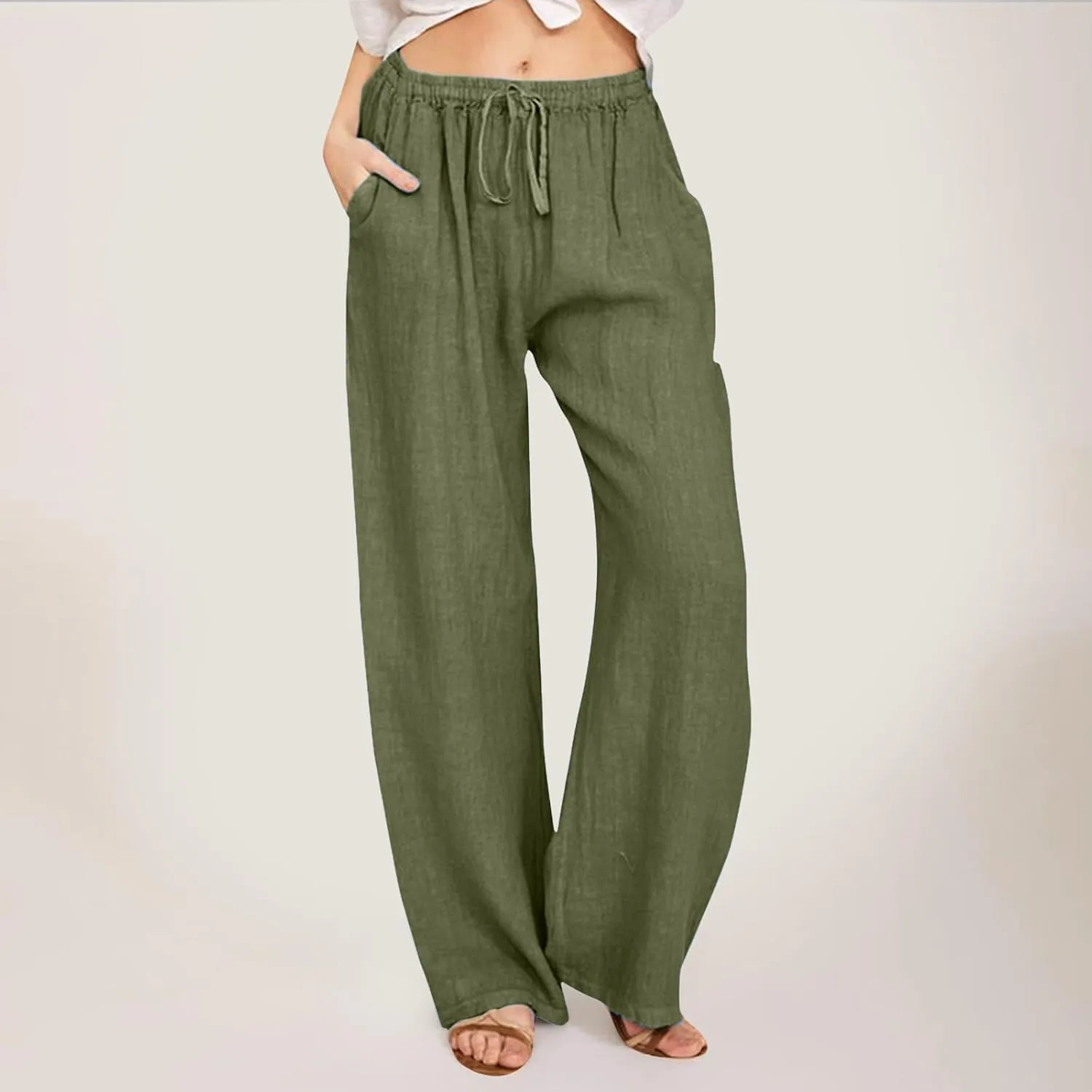 Womens Cotton Linen Pants Summer Wide Leg Pants Elastic High Waist Palazzo Pants Casual Beach Trousers with Pockets