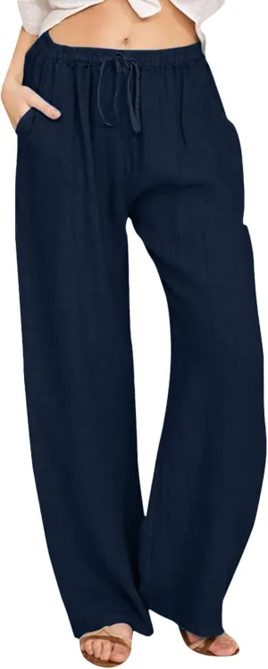 Womens Cotton Linen Pants Summer Wide Leg Pants Elastic High Waist Palazzo Pants Casual Beach Trousers with Pockets
