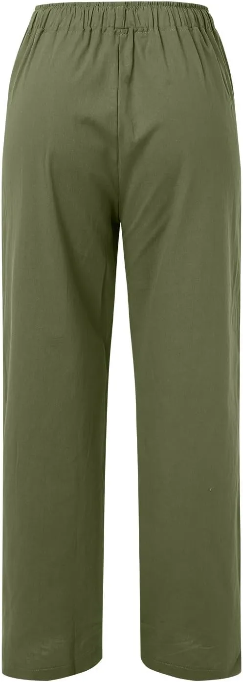 Womens Cotton Linen Pants Summer Wide Leg Pants Elastic High Waist Palazzo Pants Casual Beach Trousers with Pockets