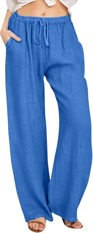 Womens Cotton Linen Pants Summer Wide Leg Pants Elastic High Waist Palazzo Pants Casual Beach Trousers with Pockets