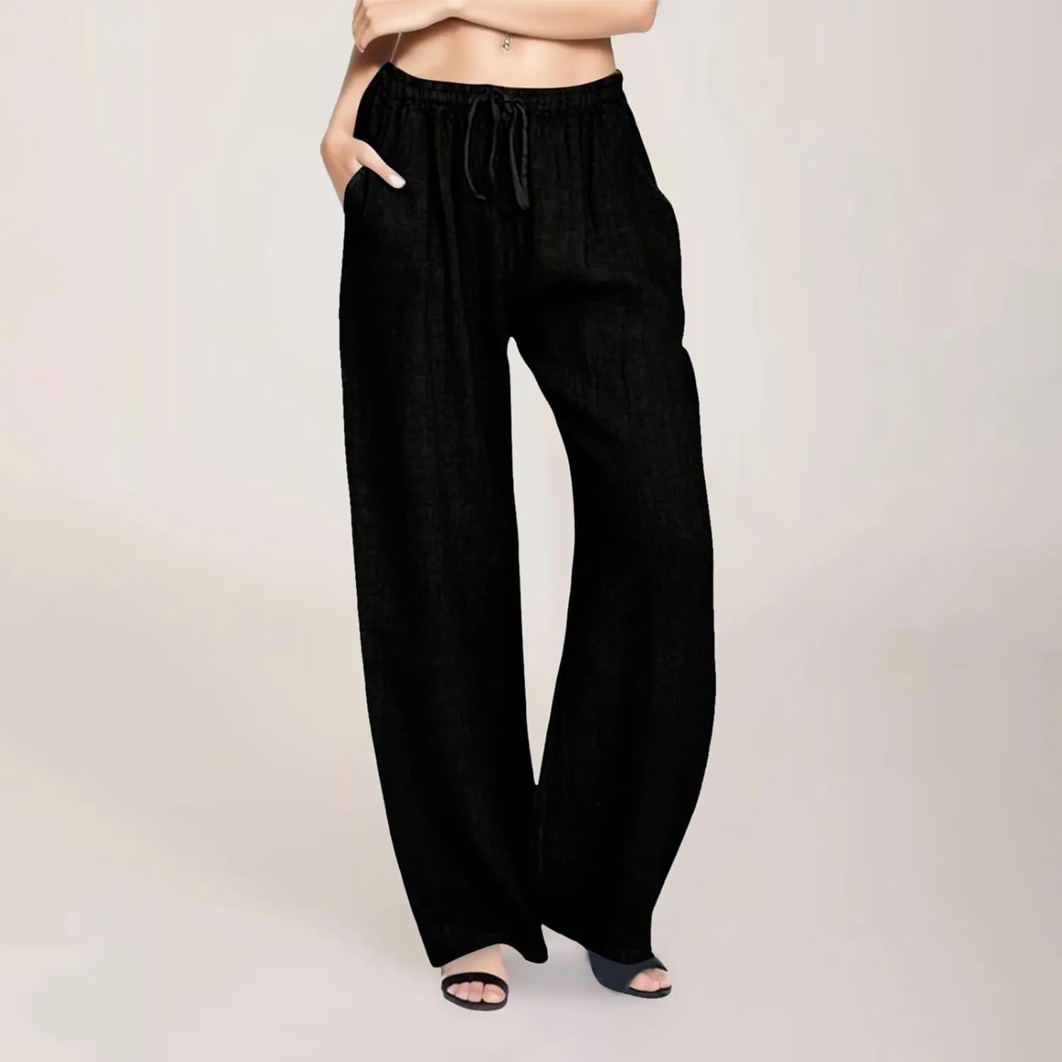Womens Cotton Linen Pants Summer Wide Leg Pants Elastic High Waist Palazzo Pants Casual Beach Trousers with Pockets