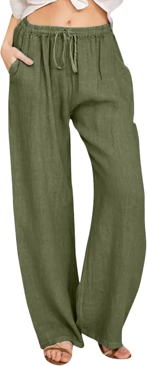 Womens Cotton Linen Pants Summer Wide Leg Pants Elastic High Waist Palazzo Pants Casual Beach Trousers with Pockets