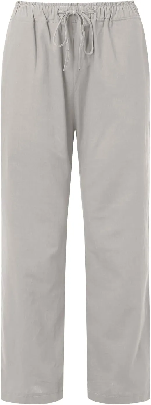 Womens Cotton Linen Pants Summer Wide Leg Pants Elastic High Waist Palazzo Pants Casual Beach Trousers with Pockets