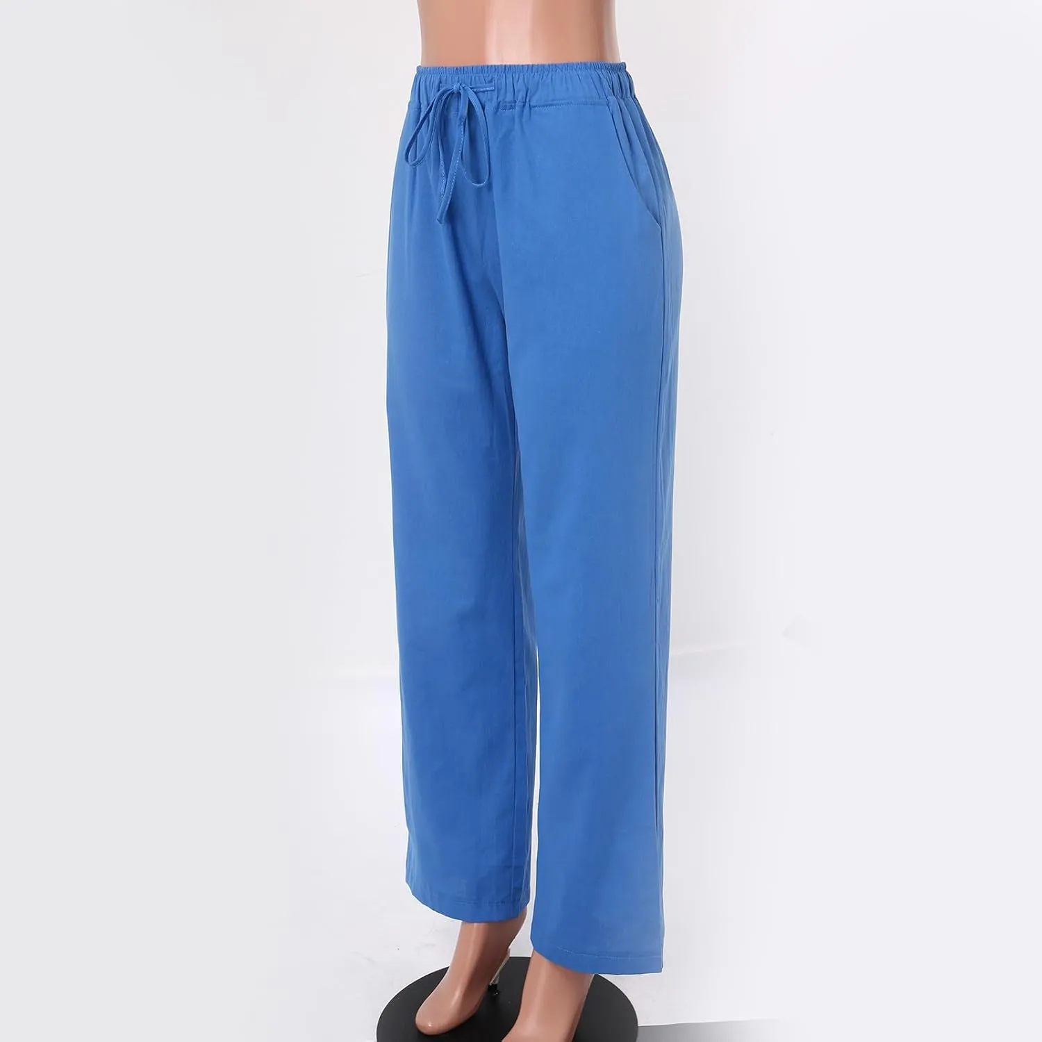 Womens Cotton Linen Pants Summer Wide Leg Pants Elastic High Waist Palazzo Pants Casual Beach Trousers with Pockets