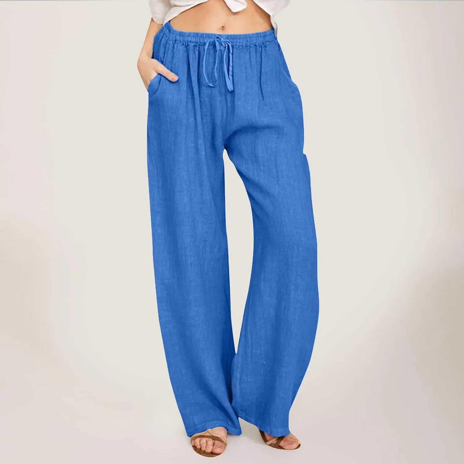 Womens Cotton Linen Pants Summer Wide Leg Pants Elastic High Waist Palazzo Pants Casual Beach Trousers with Pockets