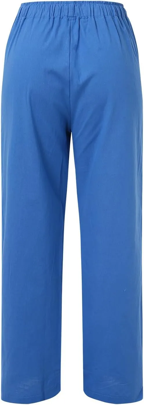 Womens Cotton Linen Pants Summer Wide Leg Pants Elastic High Waist Palazzo Pants Casual Beach Trousers with Pockets
