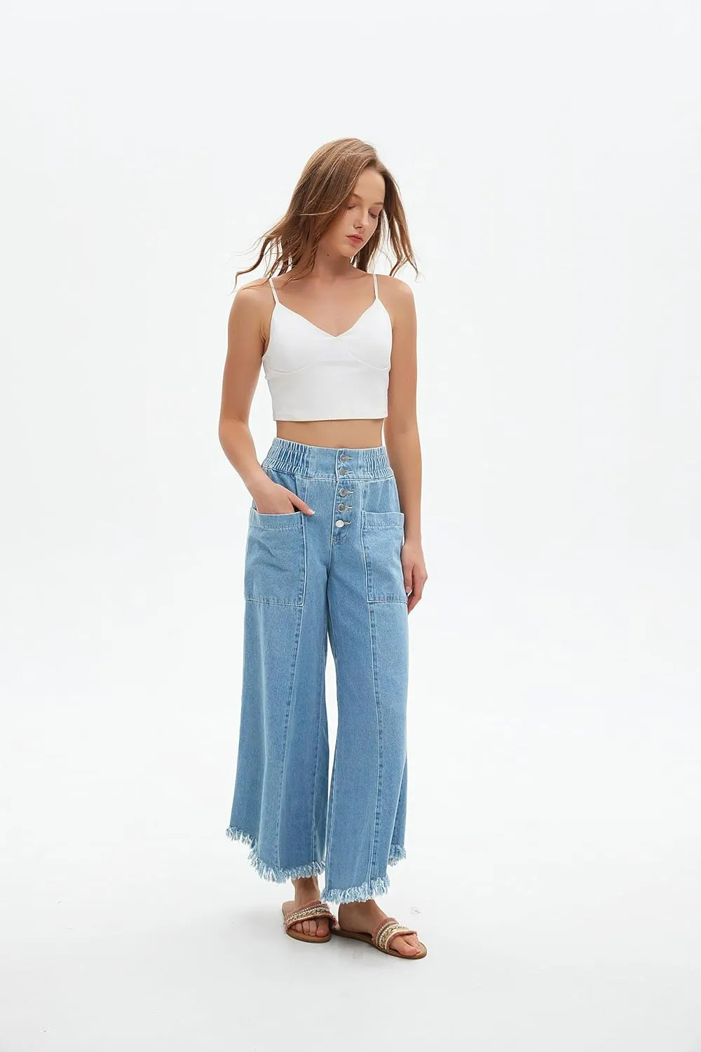 Women's Cropped Wide Leg High Waisted Baggy Jeans Raw Hem Button Closure Denim Pants with Pockets