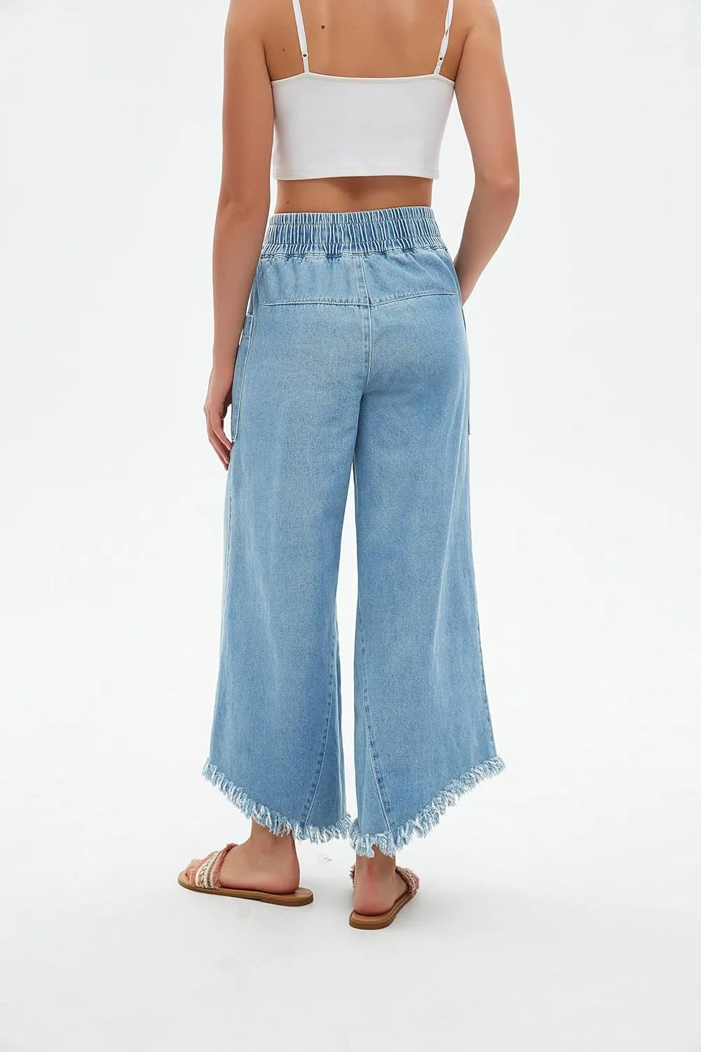Women's Cropped Wide Leg High Waisted Baggy Jeans Raw Hem Button Closure Denim Pants with Pockets